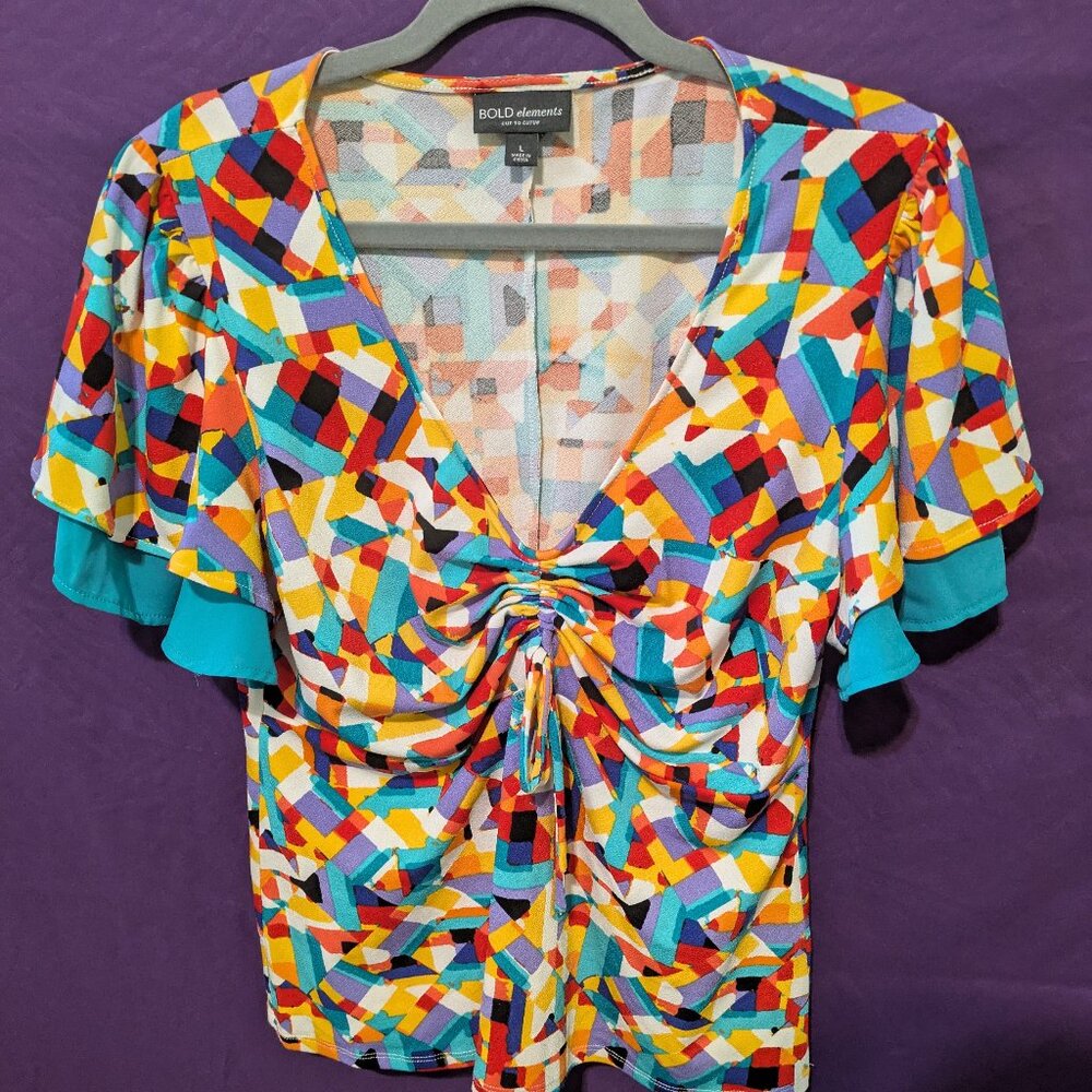 Bold Elements Cut to Curve 80s Colorful Low Cut Blouse